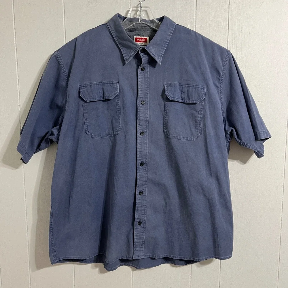 Wrangler Mens Short Sleeve Button Up Shirt 2XLT Blue Cotton Blend Work Casual‎
